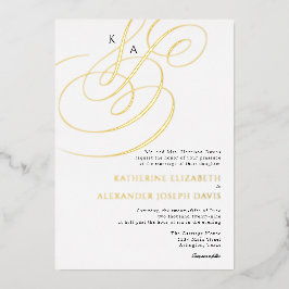 Invitación Con Relieve Metalizado Boda de Monograma Elegante con Hojas de Oro Real