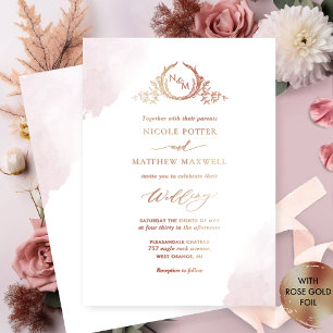 Invitación Con Relieve Metalizado Boda de Monograma Elegante con Hojas de Oro Real D