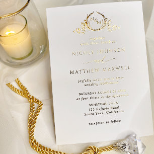Invitación Con Relieve Metalizado Boda de Monograma Elegante Corona de Oro Real