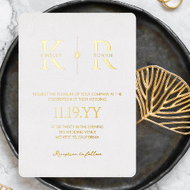 Invitación Con Relieve Metalizado Boda de Monograma Elegante Flare Blanco