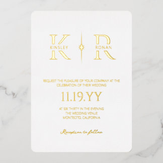 Invitación Con Relieve Metalizado Boda de Monograma Elegante Flare Blanco
