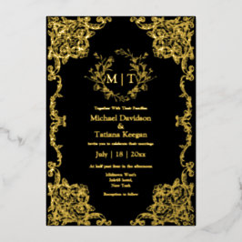 Invitación Con Relieve Metalizado Boda de Monograma Floral Barroco Negro y Dorado