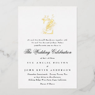 Invitación Con Relieve Metalizado Boda de Monograma Floral Elegante Dorado