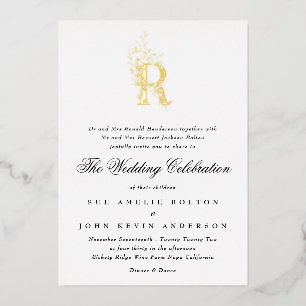 Invitación Con Relieve Metalizado Boda de Monograma Floral Elegante Dorado