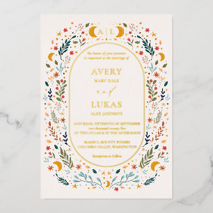 Invitación Con Relieve Metalizado Boda de monograma floral místico vintage con oro r