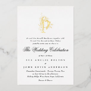 Invitación Con Relieve Metalizado Boda de Monograma GOLD Floral Elegante Hermosa