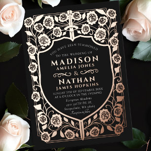 Invitación Con Relieve Metalizado Boda de Monograma Medieval Black Sword Shield