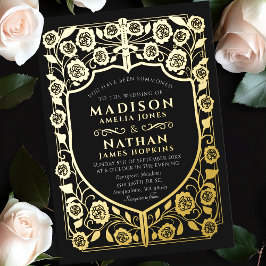 Invitación Con Relieve Metalizado Boda de Monograma Medieval Black Sword Shield