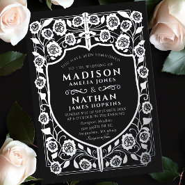 Invitación Con Relieve Metalizado Boda de Monograma Medieval Black Sword Shield