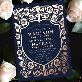 Invitación Con Relieve Metalizado Boda de Monograma Medieval de Blue Sword Shield