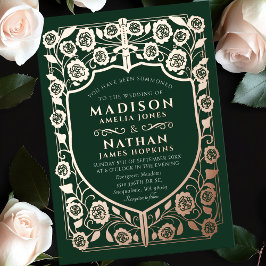 Invitación Con Relieve Metalizado Boda de Monograma Medieval Green Sword Shield