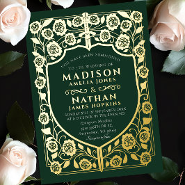Invitación Con Relieve Metalizado Boda de Monograma Medieval Green Sword Shield
