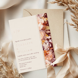 Invitación Con Relieve Metalizado Boda de Monograma Moderno Crema Burgundy Otoño FOI