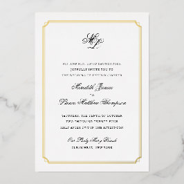 Invitación Con Relieve Metalizado Boda de Monograma Negro y Dorado con Borde Dorado