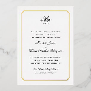 Invitación Con Relieve Metalizado Boda de Monograma Negro y Dorado con Borde Dorado