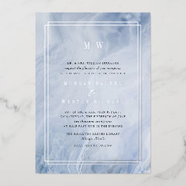 Invitación Con Relieve Metalizado Boda de monograma óptico azul Silver