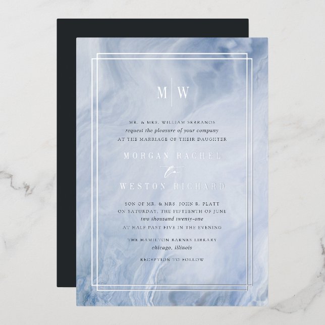Invitación Con Relieve Metalizado Boda de monograma óptico azul Silver (Anverso/Reverso)