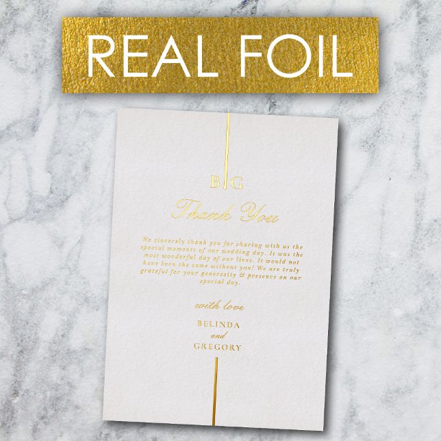 Invitación Con Relieve Metalizado Boda de Monograma Real Relieve metalizado dorado G (Real Gold Foil Monogram Wedding Thank You Foil Invitation)