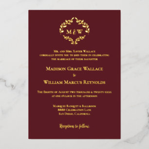 Invitación Con Relieve Metalizado Boda de Monograma Rojo Borgoña con Hoja de Oro Rom