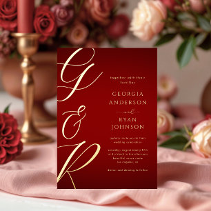 Invitación Con Relieve Metalizado Boda de Monograma Rojo Carmesí Sobredimensionado e
