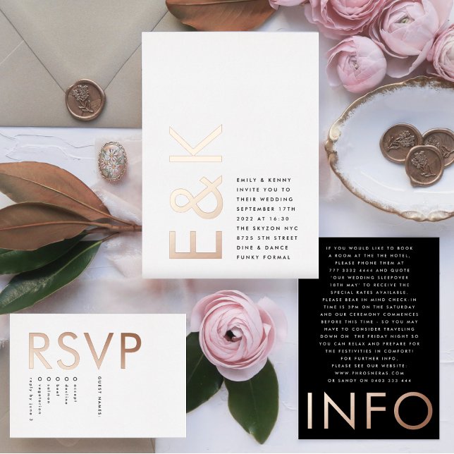 Invitación Con Relieve Metalizado Boda de monograma ultra moderno ORO ROSA REAL (Invitation showcasing suite - additional items (bought separately))
