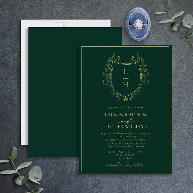 Invitación Con Relieve Metalizado Boda de monograma verde clásico (Subido por el creador)