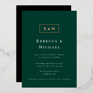 Invitación Con Relieve Metalizado Boda de Monograma Verde Esmeralda Elegante