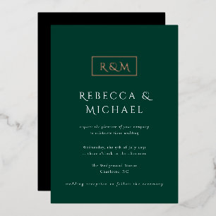 Invitación Con Relieve Metalizado Boda de Monograma Verde Esmeralda Elegante