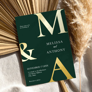 Invitación Con Relieve Metalizado Boda de Monograma Verde Esmeralda Minimalista Mode