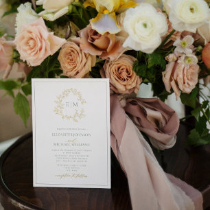 Invitación Con Relieve Metalizado Boda de monograma verde salvia con hoja de pan de