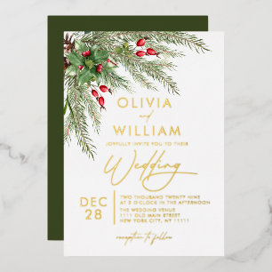 Invitación Con Relieve Metalizado Boda de Navidad con vegetación invernal rústica