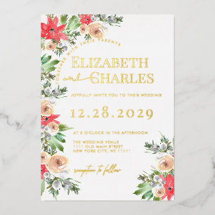 Invitación Con Relieve Metalizado Boda de Navidad con Verdor de Poinsettia