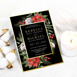 Invitación Con Relieve Metalizado Boda de Navidad Negra Floral Rústica Poinsettia
