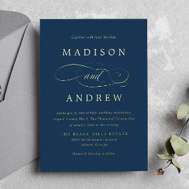 Invitación Con Relieve Metalizado Boda de Navy y Oro con Caligrafía Querida