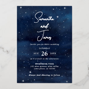 Invitación Con Relieve Metalizado Boda de noche celestial de cielo azul y plata