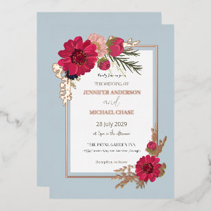 Invitación Con Relieve Metalizado Boda de Novias Verde Rojo Floral