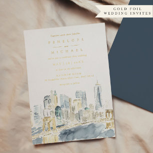 Invitación Con Relieve Metalizado Boda de Nueva York con acuarela y papel de oro