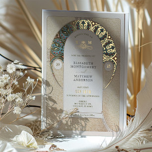Invitación Con Relieve Metalizado Boda de oro azul Art Nouveau Art Deco Mucha