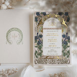 Invitación Con Relieve Metalizado Boda de oro azul de la Marina de Bougainvillea Art<br><div class="desc">Invitaciones a la Boda Floral Azul y Oro de la Vintage Art Nouveau de Alphonse Mucha en un diseño romántico y caprichoso usando el Relieve metalizado dorado Real. Los florecientes victorianos complementan los tipos de letra Art Deco clásicos. Por favor, introduzca la información de su personalizado y ya está listo....</div>