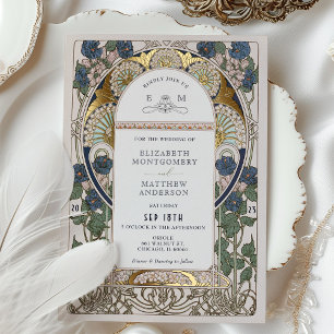 Invitación Con Relieve Metalizado Boda de oro azul de la Marina de Bougainvillea Art
