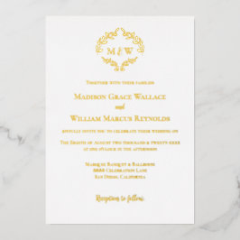 Invitación Con Relieve Metalizado Boda de oro blanco con monograma de Wreath románti