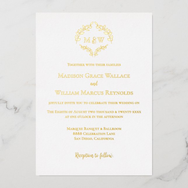 Invitación Con Relieve Metalizado Boda de oro blanco con monograma de Wreath románti (Anverso)