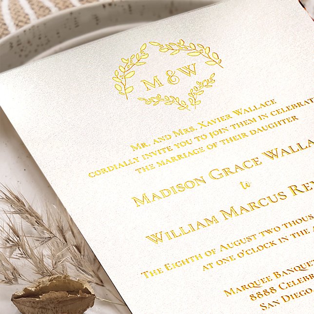 Invitación Con Relieve Metalizado Boda de oro blanco lujoso y elegante (Luxe real gold foil formal wedding invitation monogram design.)