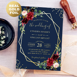 Invitación Con Relieve Metalizado Boda de oro Blue Premium de la Marina Floral Roja 