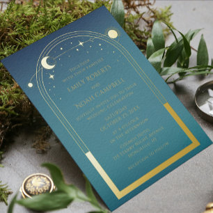 Invitación Con Relieve Metalizado Boda de Oro Celeste Sol Luna Estrellas Holográfica
