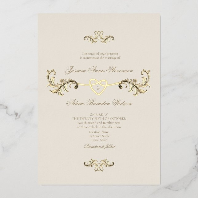 Invitación Con Relieve Metalizado Boda de oro clásico (Anverso)