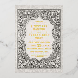 Invitación Con Relieve Metalizado Boda de oro con barrido occidental de cuero labrad