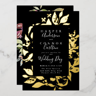 Invitación Con Relieve Metalizado Boda de oro con presión floral elegante y negro