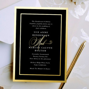 Invitación Con Relieve Metalizado Boda de oro de caligrafía negra y blanca