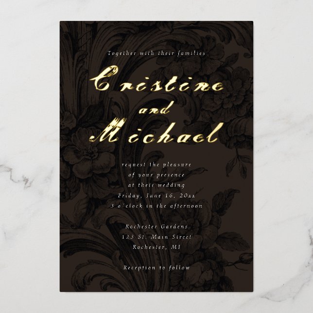 Invitación Con Relieve Metalizado Boda de oro de flores ornamentales elegantes (Anverso)